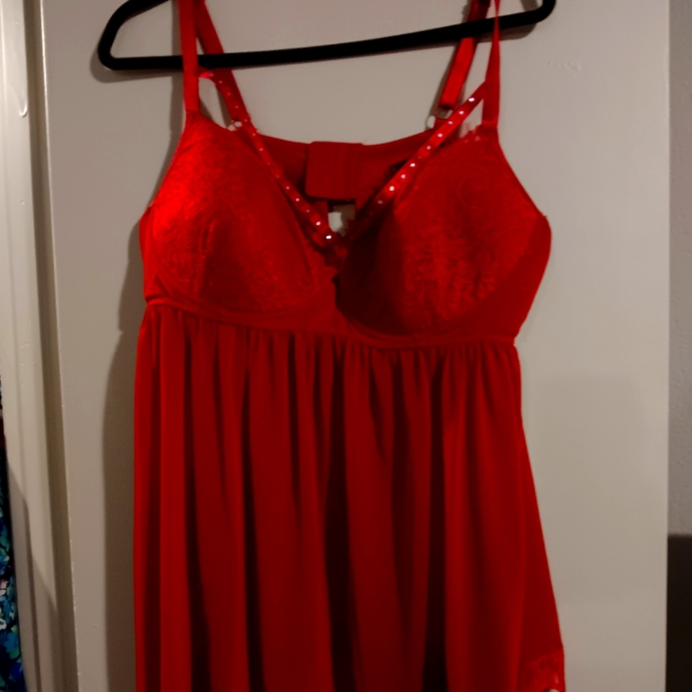 Red Chemise with Plunging V-Neck and Adjustable Straps